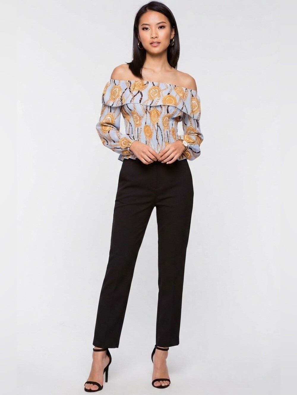 NEW Off-Shoulder Luxe Print Blouse in Light Blue & Mustard Sz 6